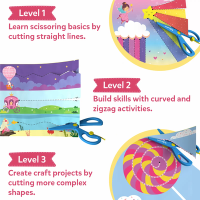 Multi-level activity kit for learning scissor skills from Snip Snip Unicorns & Princesses Art & Craft Kit