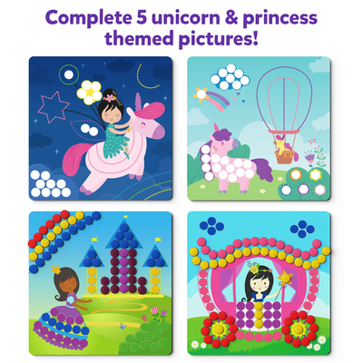Children’s art activity kit with unicorn and princess-themed pictures and colorful pegs