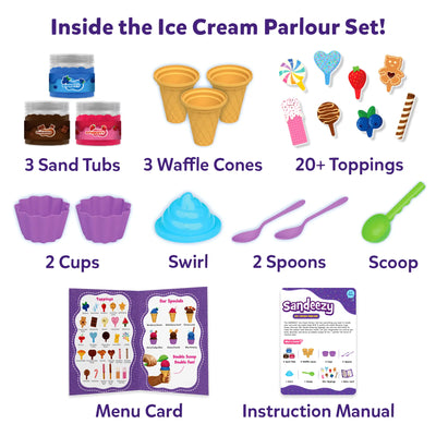 Sandeezy Ice Cream Parlour playset with sand tubs, cones, toppings, cups, and tools