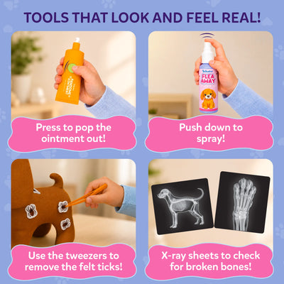 Four-panel collage demonstrating the Skillmatics Vet Set interactive features. A child presses the ointment tube, sprays the flea bottle, removes felt ticks from the plush puppy using tweezers, and checks pretend broken bones with realistic animal X-ray sheets.