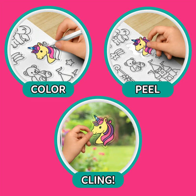 Step-by-step instructional graphic on a pink background showing three circular panels. The first shows a child coloring a unicorn sticker with a paint marker, the second shows peeling the finished sticker from the sheet, and the third shows holding the completed unicorn sticker against a glossy surface. Curved arrows connect the steps labeled Color, Peel, and Cling.