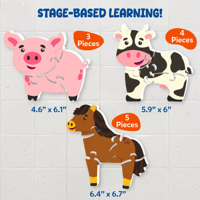 Skillmatics Bathtime Puzzles stage-based learning graphic displaying three foam farm animal puzzles with increasing difficulty levels. The pig has 3 pieces, the cow has 4 pieces, and the horse has 5 pieces. Puzzle dimensions are shown against a tiled bathroom background.