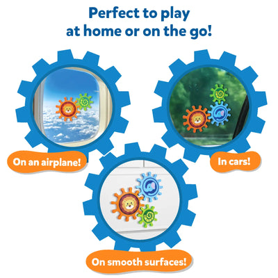 Skillmatics Spinny Gears Animal Fun shown in three play settings inside blue gear-shaped frames. Top-left shows lion and caterpillar gears on an airplane window, top-right shows lion and elephant gears on a car window, bottom-center shows three animal gears on a smooth white surface. Orange labels read "On an airplane!", "In cars!", and "On smooth surfaces!"