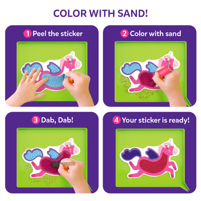 Colorful four-step sand art guide for decorating a unicorn sticker in Sand-Tastic Art kit