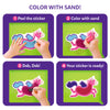 Colorful four-step sand art guide for decorating a unicorn sticker in Sand-Tastic Art kit
