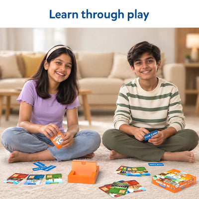 Children playing Guess in 10 Wonders of India trivia card game for ages 8 plus