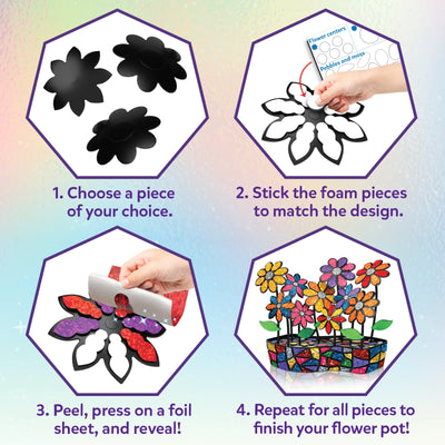 Skillmatics Foil Fun Mosaics step-by-step craft instructions showing four stages: choosing flower pieces, sticking foam pieces to match designs, pressing foil sheets to reveal glitter effects, and repeating the process to complete a colourful flower pot with decorated flowers, leaves, and mosaic patterns.