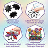 Skillmatics Foil Fun Mosaics step-by-step craft instructions showing four stages: choosing flower pieces, sticking foam pieces to match designs, pressing foil sheets to reveal glitter effects, and repeating the process to complete a colourful flower pot with decorated flowers, leaves, and mosaic patterns.