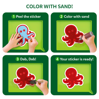 Four-step Sand Art Sticker Guide from the Sand & Sunshine Fun Bundle for ages 4-12