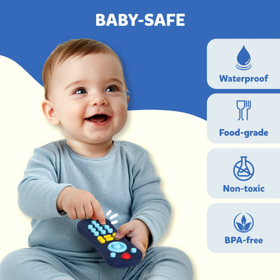 A happy baby dressed in a light blue onesie presses the pop buttons on the Skillmatics Push & Pop TV Remote toy. Text emphasizes the product’s baby-safe features — waterproof, food-grade, non-toxic, and BPA-free. The image highlights safety and tactile play benefits, making it an ideal fidget and sensory development toy for babies 9–24 months.