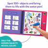 An open Skillmatics Water Spotter activity book displaying an underwater unicorn and princess scene, with a child’s hand using a blue water pen to reveal colorful hidden objects. The left page lists objects to find, while the right page shows detailed illustrations. Text emphasizes spotting 100+ objects and that only hidden elements reveal color with water.