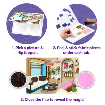 Three-step Skillmatics Fab Tabs activity guide showing a picture board opened to reveal sticker areas, fabric pieces being peeled and placed onto designated sections, and a completed room design. The visual explains selecting a scene, applying fabrics, and revealing the finished textured artwork.