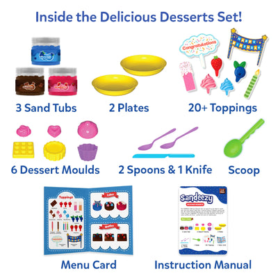 Children’s play set for making pretend desserts with sand and molds from Sandeezy Delicious Desserts