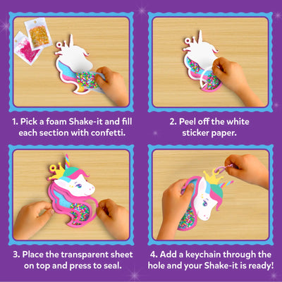 A four-panel instructional layout shows hands assembling a unicorn foam shake-it on a wooden surface. Steps include filling sections with colorful confetti, peeling off white backing paper, placing a transparent sheet to seal the foam shape, and attaching a keychain loop through the top hole. Each step is numbered and framed against a purple background for clear visual guidance.