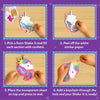 A four-panel instructional layout shows hands assembling a unicorn foam shake-it on a wooden surface. Steps include filling sections with colorful confetti, peeling off white backing paper, placing a transparent sheet to seal the foam shape, and attaching a keychain loop through the top hole. Each step is numbered and framed against a purple background for clear visual guidance.