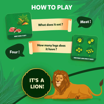 Visual guide for Guess in 10 Junior: World of Animals trivia card game for kids