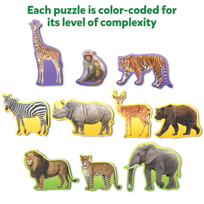 Colorful animal-shaped jigsaw puzzles with color-coded backings for kids ages 3+