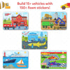 Set of five vehicle-themed illustrated puzzles or sticker scenes for kids ages 4-7
