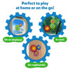 Three circular visuals demonstrate Skillmatics Spinny Gears Pattern Pop toy being used in different environments — on an airplane window, car window, and cupboard surface. Each display features bright spinning gears in red, blue, green, yellow, and purple. The text reads “Perfect to play at home or on the go!” with playful callouts “On an airplane,” “In cars,” and “On cupboards.