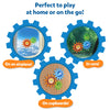 Three circular images demonstrate the Skillmatics Spinny Gears toy in different play settings — on an airplane window, in a car, and on a cupboard. Text reads “Perfect to play at home or on the go!” and labels “On an airplane,” “In cars,” and “On cupboards.” This portable STEM toy encourages interactive learning anywhere.