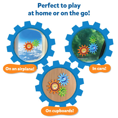 Three circular images demonstrate the Skillmatics Spinny Gears toy in different play settings — on an airplane window, in a car, and on a cupboard. Text reads “Perfect to play at home or on the go!” and labels “On an airplane,” “In cars,” and “On cupboards.” This portable STEM toy encourages interactive learning anywhere.