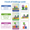 Infographic explaining the three difficulty levels of Brain Blocks challenge cards. Level 1 is labeled beginner-friendly, Level 2 emphasizes careful thinking and balance, and Level 3 features advanced stacking challenges. Each level shows example structures built with blocks and balls, along with color-coded cards and simple prompts to guide progressive problem-solving.
