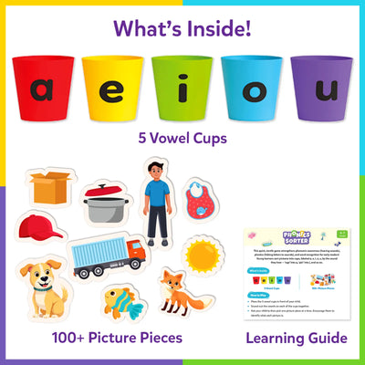 Layout showing contents of the Skillmatics Phonics Sorter game, including five plastic vowel cups labeled a, e, i, o, and u, over 100 illustrated picture pieces featuring animals, people, objects, and everyday items, and a printed learning guide. The image clearly displays each component separately on a clean background, helping parents understand what is included in the phonics learning kit.