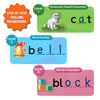 Educational graphic highlighting step-by-step spelling progression across three levels. Level 1 CVC word “cat” with kitten illustration, Level 2 word family “bell” with bell icon, and Level 3 blends and digraphs “block” with colorful cubes. Bright badges label each level and reinforce structured phonics learning development.