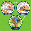 Step-by-step instructional graphic showing how Color Clingz works. In the first circle, a child colors a butterfly sticker using markers. In the second, the finished sticker is peeled from the sheet. In the final image, the colorful butterfly clings to a glass surface. Arrows connect each step, with bold labels reading “Color,” “Peel,” and “Cling.”