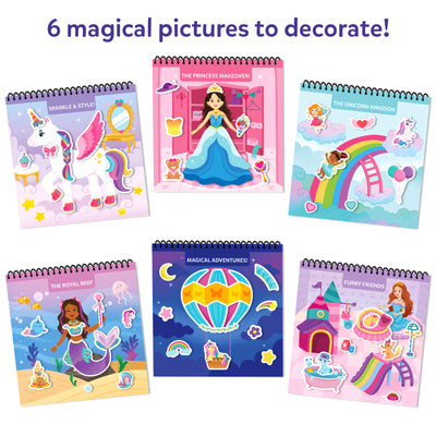 Six completed Skillmatics Peelies Unicorns and Princesses fantasy world scenes displayed on a white background. Top row shows Sparkle and Style with a decorated unicorn, The Princess Makeover with a princess in a dressing room, and The Unicorn Kingdom with a fairy and rainbow. Bottom row shows The Royal Reef with a mermaid, Magical Adventures with a hot air balloon at night, and Furry Friends with a princess and pet castle.