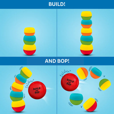 A four-panel layout demonstrates how the Build and Bop toy works. The top two panels show different ways of stacking the colourful, wobbly pieces labeled “Build!” The bottom panels, labeled “And Bop!,” show the red ball tipping the tower and pieces tumbling with motion lines. All graphics feature bright colours on a blue background to illustrate balancing and knocking-down play.