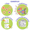 Illustrated four-step guide for playing Muddled fast-paced word building game for ages 8+