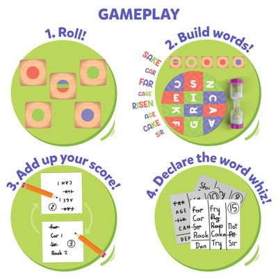 Illustrated four-step guide for playing Muddled fast-paced word building game for ages 8+