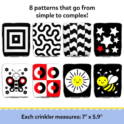 Educational layout for Skillmatics Sensory Crinklers showing “8 patterns that go from simple to complex” in a grid of eight cloth designs. Includes concentric squares, wavy lines, checker waves, stars, butterfly, red circles, sun face and bee. Footer notes each crinkler measures 7 x 5.9 in.