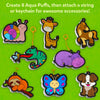 Colorful animal-shaped craft accessories with strings and keychains from Aqua Puffs Animal Friends kit