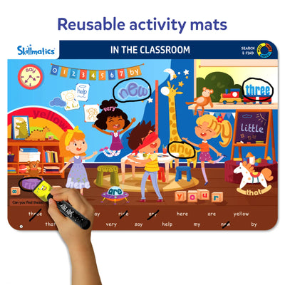 Interactive classroom scene activity mat with sight words for ages 3-6