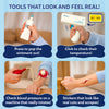 Four-panel feature graphic showcasing interactive tools from the Skillmatics Doctor Set. Close-up images show a pop-out ointment tube, click-to-read digital thermometer, rotating blood pressure monitor, and realistic injury stickers applied to skin, highlighting hands-on pretend medical play for children.