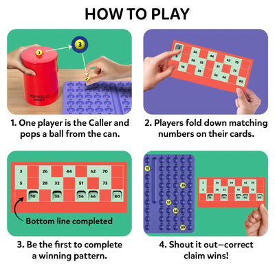 Step-by-step “How to Play” graphic for Pop-Reveal Housie. Panels show a player popping a numbered ball from the red can, players folding down matching numbers on housie cards, completion of a winning pattern, and a final claim check using the number tray. Each step is illustrated with hands, cards, numbers, and clear captions.