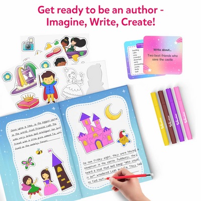 Children’s storybook creation kit with stickers prompts and writing tools for ages 5-10