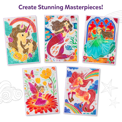 Collage of five finished Paint-Over Art masterpieces featuring unicorns, mermaids, fairies, and fantasy scenes in vivid reds, blues, greens and oranges, titled Create Stunning Masterpieces, showcasing final colored artwork sheets arranged on a white background with decorative stars.