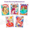 Collage of five finished Paint-Over Art masterpieces featuring unicorns, mermaids, fairies, and fantasy scenes in vivid reds, blues, greens and oranges, titled Create Stunning Masterpieces, showcasing final colored artwork sheets arranged on a white background with decorative stars.