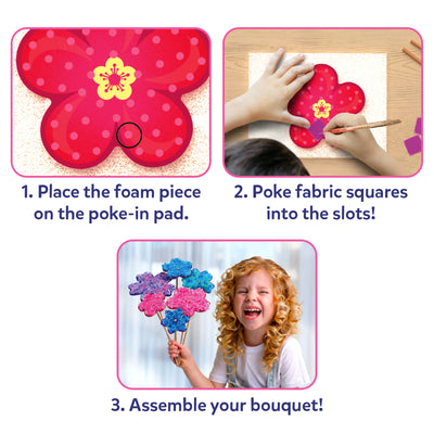 Step-by-step instructions for creating a fabric flower bouquet craft for kids ages 4-9