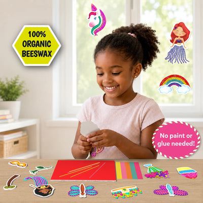 Smiling child creating colorful beeswax craft art with strings for ages 5-12
