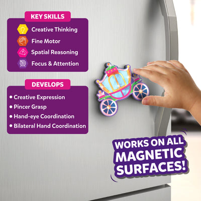 A decorated foil-covered carriage magnet is placed on a silver refrigerator by a child’s hand. To the left, two purple panels list skills: creative thinking, fine motor, spatial reasoning, and focus & attention; and developmental benefits including creative expression, pincer grasp, hand-eye coordination, and bilateral coordination. A bold label below states “Works on all magnetic surfaces!”