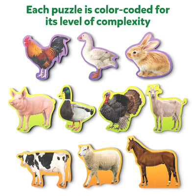 Color-coded farm animal shaped puzzles for kids ages 3 and up in the Step By Step Puzzle Farm Animals set