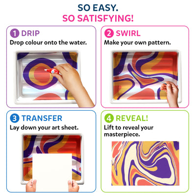 Step-by-step guide for creating marbled art with the Marbling Magic Paint Kit for ages 6-12