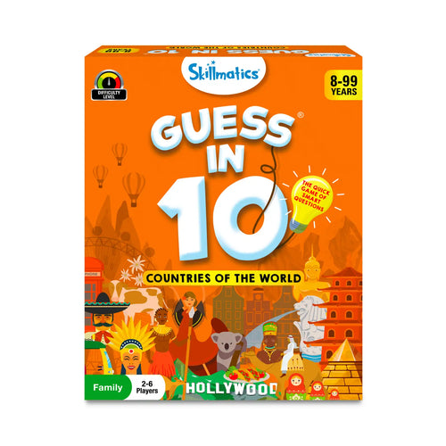 Orange box for Guess in 10 Countries of the World trivia card game for ages 8+