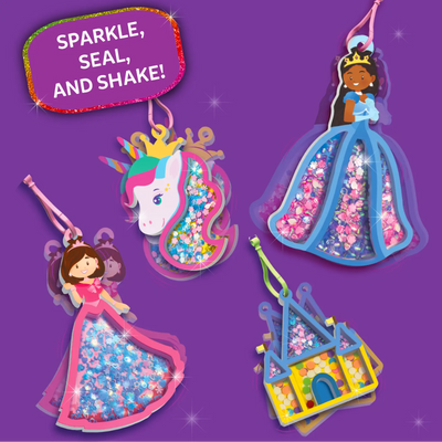 A purple background displays multiple completed foam shake-it keychains hanging with loops. Designs include a unicorn head with a crown, two princess figures in flowing dresses, and a castle, each filled with colorful confetti that appears layered and sparkling. A glitter-bordered label reads “Sparkle, seal, and shake!” with light star accents scattered across the background.