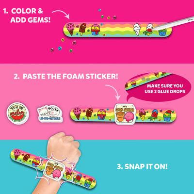 Instructions for decorating and wearing a colorful customizable Snap Bandz bracelet for kids