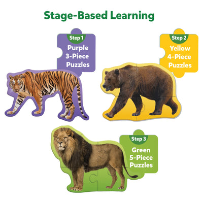 Three animal-shaped jigsaw puzzles of varying pieces in Step By Step Puzzle Wild Animals for ages 3+